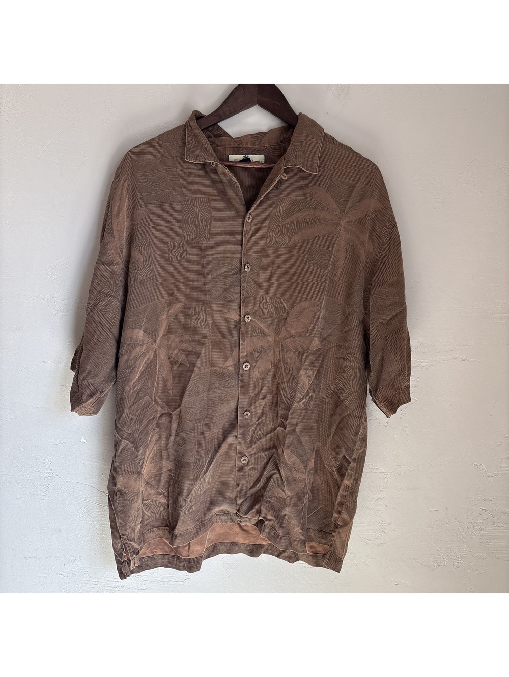 Tommy Bahama 100% Silk Brown Jacquard Palm Leaf Hawaiian Shirt Mens XL